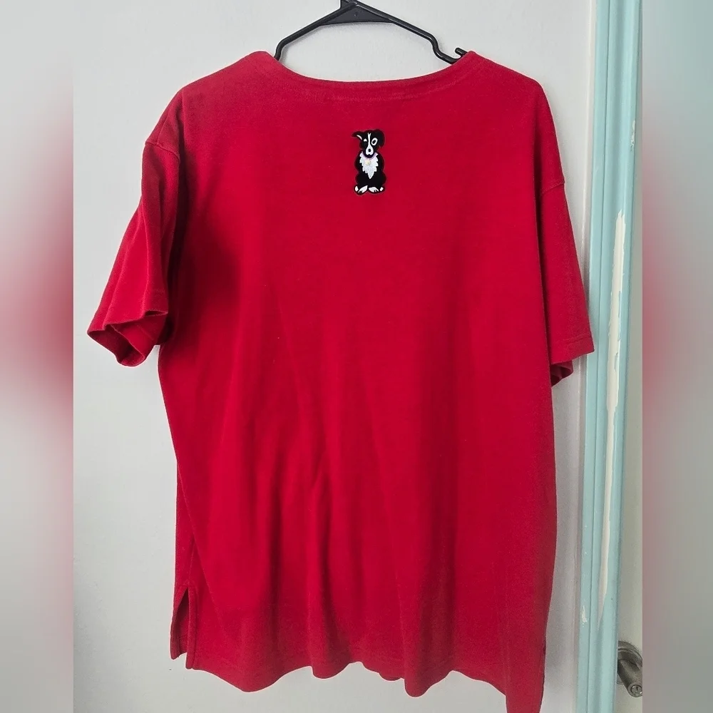 Bechamel Womens T-Shirt Size L Red Short Sleeve Dog Puppies Tee 100% Cotton.